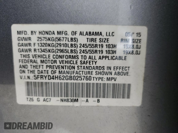 2016 Acura MDX Technology с VIN 5FRYD4H62GB025760, выставлен на аукционе Copart как лот 57114915 с пробегом 78 013 миль миль и Списание • Salvage title. История ставок и продаж доступна на DreamBid. Изображение 14.
