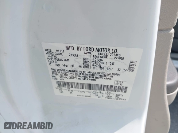 2011 Ford Escape XLS with VIN 1FMCU0C73BKB27886, listed as a IAAI auction lot 42259185 with 198,602 mi miles and . Bid and sale history available at DreamBid. Image 9.