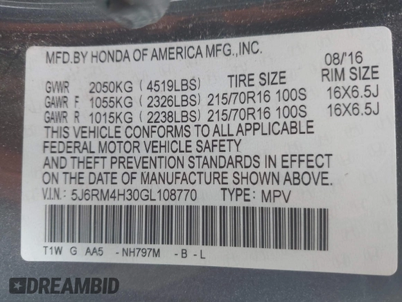 2016 Honda CR-V LX with VIN 5J6RM4H30GL108770, listed as a IAAI auction lot 42017944 with 69,531 mi miles. Bid and sale history available at carsss.com. Image 9.
