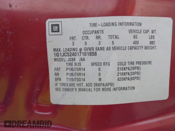2001 Chevrolet Cavalier with VIN 1G1JC524017101856, listed as a IAAI auction lot 42709532 with 89,699 mi miles and . Bid and sale history available at DreamBid. Image 9.