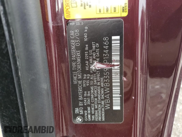 2008 BMW 3 Series 328i with VIN WBAWB33598P134468, listed as a Copart auction lot 51044185 with 100,000 mi miles and Salvage title. Bid and sale history available at DreamBid. Image 12.