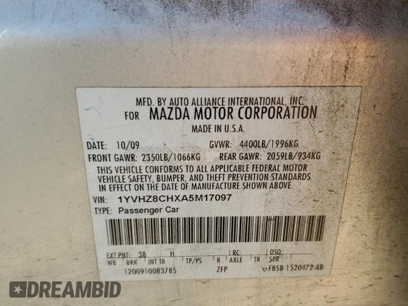 2010 Mazda 6 i Touring with VIN 1YVHZ8CHXA5M17097, listed as a Copart auction lot 56067075 with 171,389 mi miles and Clean Title. Bid and sale history available at DreamBid. Image 12.