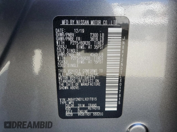 2020 Nissan Armada SV with VIN JN8AY2ND1LX017815, listed as a Copart auction lot 76113454 with 112,407 mi miles and Salvage Title. Bid and sale history available at carsss.com. Image 15.