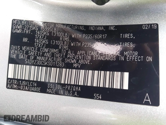 2019 Toyota Sienna XLE Auto Access Seat with VIN 5TDYZ3DC5KS011283, listed as a IAAI auction lot 41569183 with 140,456 mi miles. Bid and sale history available at carsss.com. Image 9.