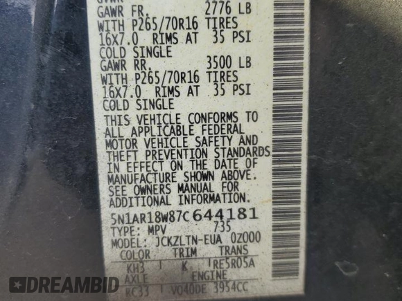 2007 Nissan Pathfinder SE with VIN 5N1AR18W87C644181, listed as a Copart auction lot 82794994 with 0 mi miles and Salvage Title. Bid and sale history available at carsss.com. Image 14.