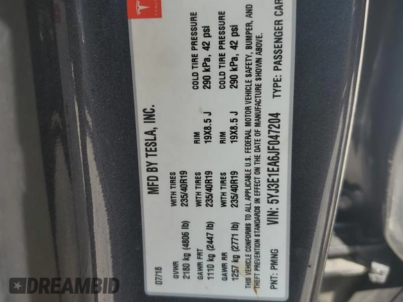 2018 Tesla Model 3 Long Range Battery with VIN 5YJ3E1EA6JF047204, listed as a Copart auction lot 54876935 with 62,735 mi miles and Salvage Title. Bid and sale history available at DreamBid. Image 12.