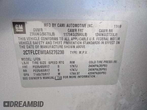 2010 GMC Terrain SLE-1 with VIN 2CTFLCEW0A6276238, listed as a IAAI auction lot 42017808 with 168,853 mi miles. Bid and sale history available at carsss.com. Image 9.