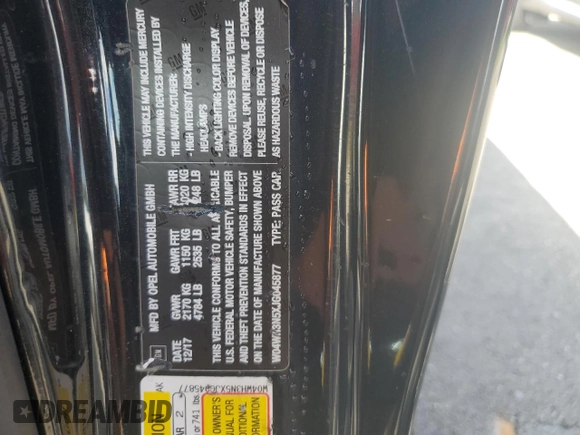2018 Buick Cascada Premium with VIN W04WH3N5XJG045877, listed as a Copart auction lot 73837884 with 37,085 mi miles and Salvage title. Bid and sale history available at DreamBid. Image 12.