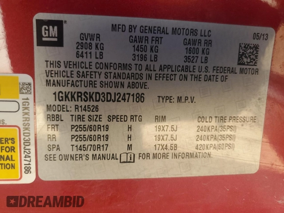 2013 GMC Acadia SLT with VIN 1GKKRSKD3DJ247186, listed as a Copart auction lot 80768014 with 173,741 mi miles and Salvage Title. Bid and sale history available at carsss.com. Image 14.