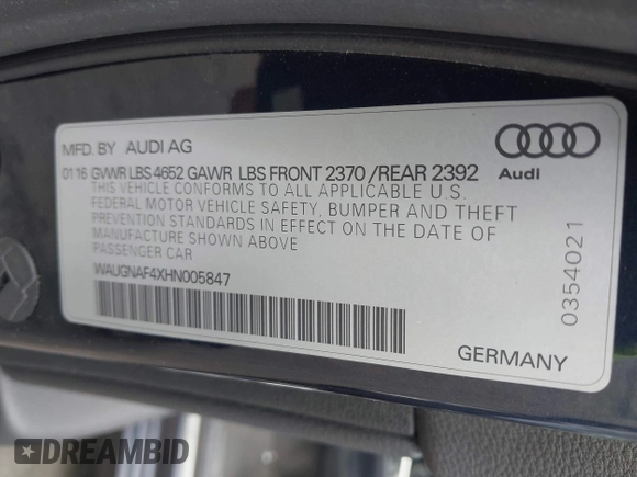 2017 Audi A4 Premium with VIN WAUGNAF4XHN005847, listed as a IAAI auction lot 41791442 with 104,355 mi miles. Bid and sale history available at carsss.com. Image 9.