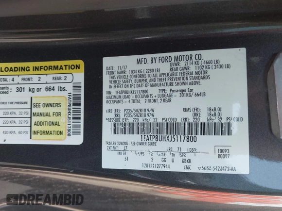 2018 Ford Mustang EcoBoost Premium with VIN 1FATP8UHXJ5117800, listed as a IAAI auction lot 42232395 with 54,632 mi miles and . Bid and sale history available at DreamBid. Image 9.