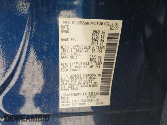 2023 Nissan Titan Pro-4X с VIN 1N6AA1FB8PN103810, выставлен на аукционе IAAI как лот 40437256 с пробегом 16 861 миль миль и . История ставок и продаж доступна на DreamBid. Изображение 9.