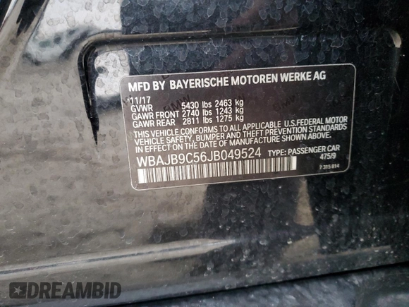 2018 BMW 5 Series M550i xDrive with VIN WBAJB9C56JB049524, listed as a Copart auction lot 43511805 with 55,759 mi miles and Salvage title. Bid and sale history available at DreamBid. Image 12.