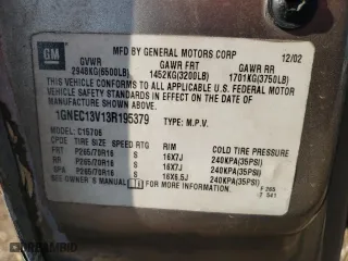 2003 Chevrolet Tahoe LS with VIN 1GNEC13V13R195379, listed as a Copart auction lot 50188035 with 0 mi miles and Salvage Title. Bid and sale history available at carsss.com. Image 15.