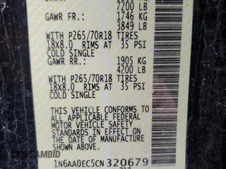 2012 Nissan Titan S with VIN 1N6AA0EC5CN320679, listed as a Copart auction lot 43398135 with 219,604 mi miles and Salvage Title. Bid and sale history available at carsss.com. Image 12.