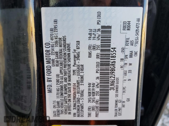 2016 Lincoln MKZ with VIN 3LN6L2J98GR618554, listed as a Copart auction lot 55450445 with 112,794 mi miles and Salvage title. Bid and sale history available at DreamBid. Image 13.
