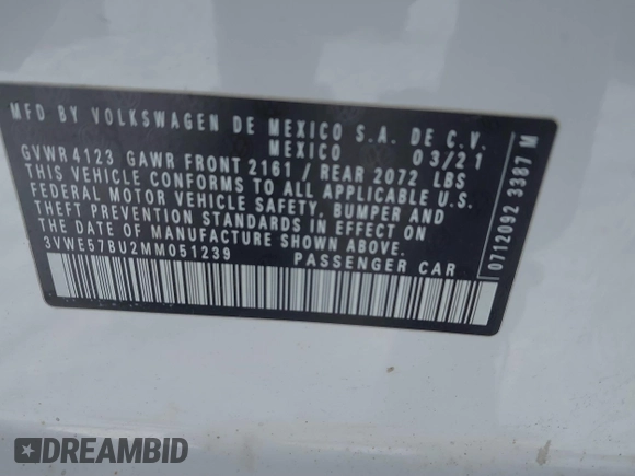 2021 Volkswagen Jetta SEL с VIN 3VWE57BU2MM051239, выставлен на аукционе IAAI как лот 41539604 с пробегом 63 017 миль миль и . История ставок и продаж доступна на DreamBid. Изображение 9.
