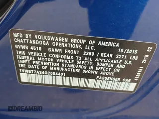 2016 Volkswagen Passat SE with VIN 1VWBT7A34GC004401, listed as a IAAI auction lot 42790444 with 106,011 mi miles and . Bid and sale history available at DreamBid. Image 9.