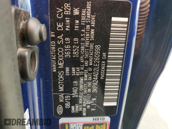2020 Kia Rio S with VIN 3KPA24AD2LE260998, listed as a Copart auction lot 48857245 with 101,310 mi miles and Non Repairable. Bid and sale history available at DreamBid. Image 12.
