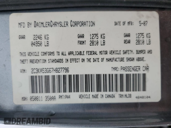 2007 Chrysler 300 Signature with VIN 2C3KA53G67H827796, listed as a Copart auction lot 71590594 with 169,547 mi miles and Salvage Title. Bid and sale history available at carsss.com. Image 12.