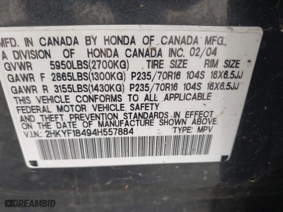 2004 Honda Pilot EX with VIN 2HKYF18494H557884, listed as a IAAI auction lot 42075748 with 205,723 mi miles. Bid and sale history available at carsss.com. Image 9.