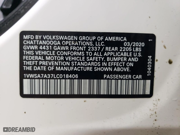 2020 Volkswagen Passat 2.0T SE with VIN 1VWSA7A37LC018406, listed as a Copart auction lot 46848565 with 74,994 mi miles and Salvage Title. Bid and sale history available at carsss.com. Image 12.