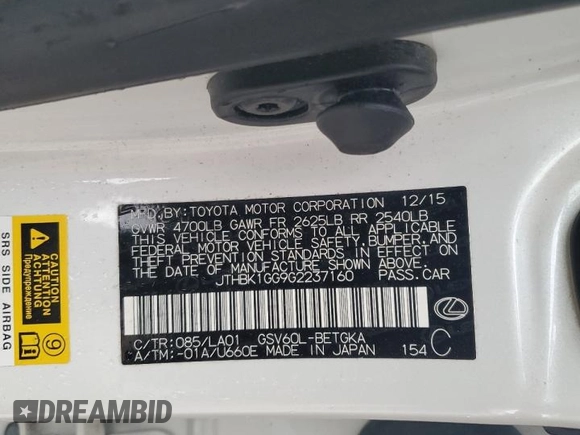 2016 Lexus ES 330 с VIN JTHBK1GG9G2237160, выставлен на аукционе Copart как лот 55236905 с пробегом 68 041 миль миль и Списание • Salvage title. История ставок и продаж доступна на DreamBid. Изображение 12.