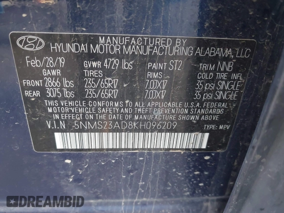 2019 Hyundai Santa Fe SE z VIN 5NMS23AD8KH096209, wystawiony jako IAAI lot #42235035 z przebiegiem 76 543 mil mil oraz . Historia ofert i sprzedaży dostępna na DreamBid. Obrazek 9.
