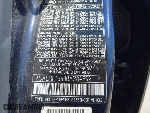 2008 Land Rover Range Rover HSE with VIN SALMF15418A284352, listed as a IAAI auction lot 42507443 with 74,145 mi miles and . Bid and sale history available at DreamBid. Image 9.