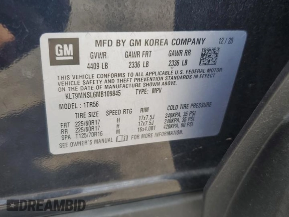 2021 Chevrolet TrailBlazer LS with VIN KL79MNSL6MB109845, listed as a Copart auction lot 61617344 with 58,750 mi miles and Salvage Title. Bid and sale history available at DreamBid. Image 13.