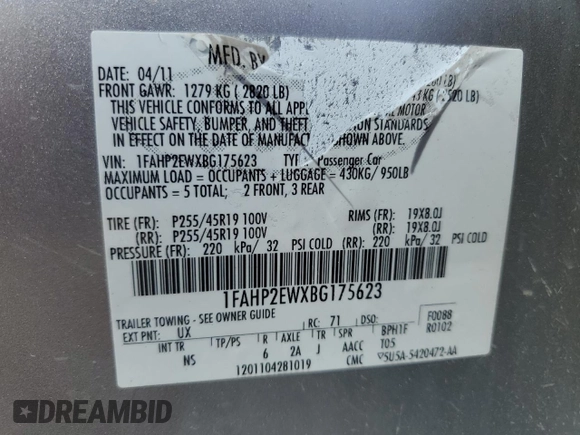2011 Ford Taurus SEL with VIN 1FAHP2EWXBG175623, listed as a Copart auction lot 68707944 with 185,826 mi miles and Salvage Title. Bid and sale history available at DreamBid. Image 12.