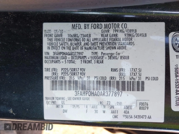 2010 Ford Fusion SE with VIN 3FAHP0HA0AR377897, listed as a IAAI auction lot 41780232 with 200,395 mi miles and . Bid and sale history available at carsss.com. Image 9.