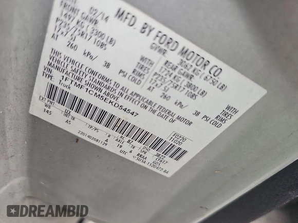 2014 Ford F-150 XL with VIN 1FTMF1CM5EKD54547, listed as a IAAI auction lot 42729479 with 188,818 mi miles and . Bid and sale history available at DreamBid. Image 14.