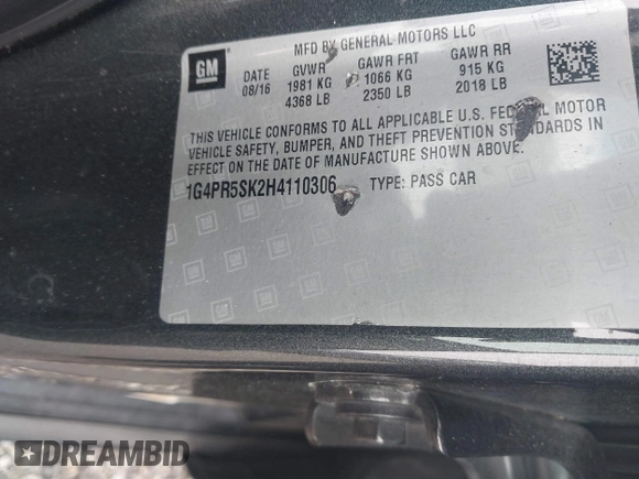 2017 Buick Verano Sport Touring with VIN 1G4PR5SK2H4110306, listed as a IAAI auction lot 41656384 with 237,025 mi miles. Bid and sale history available at carsss.com. Image 9.