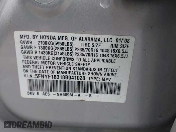 2008 Honda Pilot SE z VIN 5FNYF18318B041028, wystawiony jako IAAI lot #42567373 z przebiegiem 231 146 mil mil oraz . Historia ofert i sprzedaży dostępna na DreamBid. Obrazek 9.
