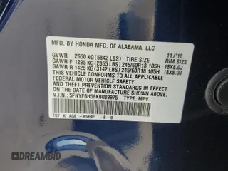 2019 Honda Pilot EX-L with VIN 5FNYF6H56KB039975, listed as a Copart auction lot 58671625 with Not provided miles and Salvage title. Bid and sale history available at DreamBid. Image 14.