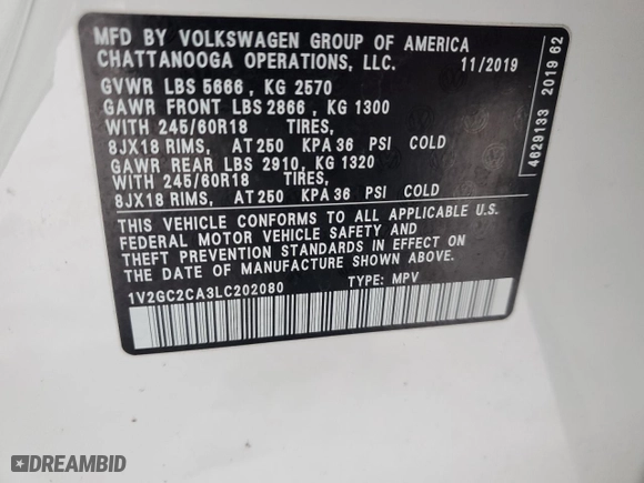 2020 Volkswagen Atlas Cross Sport 2.0T S with VIN 1V2GC2CA3LC202080, listed as a Copart auction lot 87104644 with 67,186 mi miles and Salvage Title. Bid and sale history available at carsss.com. Image 12.