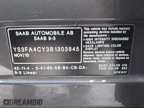 2011 Saab 9-3 with VIN YS3FA4CY3B1303845, listed as a IAAI auction lot 41902057 with 138,242 mi miles. Bid and sale history available at carsss.com. Image 9.