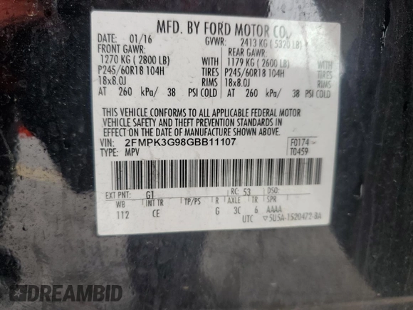 2016 Ford Edge SE with VIN 2FMPK3G98GBB11107, listed as a Copart auction lot 54983135 with 145,036 mi miles and Salvage title. Bid and sale history available at DreamBid. Image 12.