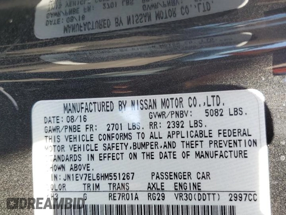 2017 Infiniti Q60 Premium with VIN JN1EV7EL6HM551267, listed as a Copart auction lot 46434555 with 45,072 mi miles and Salvage title. Bid and sale history available at DreamBid. Image 12.