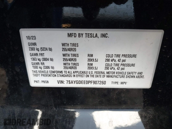 2023 Tesla Model Y Long Range with VIN 7SAYGDEE0PF907260, listed as a IAAI auction lot 41180227 with Not Provided miles and . Bid and sale history available at DreamBid. Image 9.