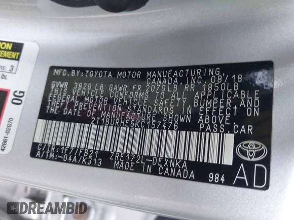 2019 Toyota Corolla L with VIN 2T1BURHE6KC157476, listed as a IAAI auction lot 41745050 with 57,746 mi miles. Bid and sale history available at carsss.com. Image 9.