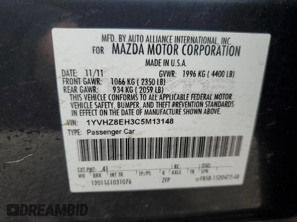 2012 Mazda 6 i Touring Plus with VIN 1YVHZ8EH3C5M13148, listed as a Copart auction lot 48780985 with 68,517 mi miles and Salvage Title. Bid and sale history available at carsss.com. Image 13.