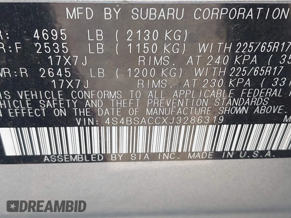 2018 Subaru Outback Premium z VIN 4S4BSACCXJ3286319, wystawiony jako IAAI lot #41869305 z przebiegiem 94 552 mil mil oraz . Historia ofert i sprzedaży dostępna na DreamBid. Obrazek 9.