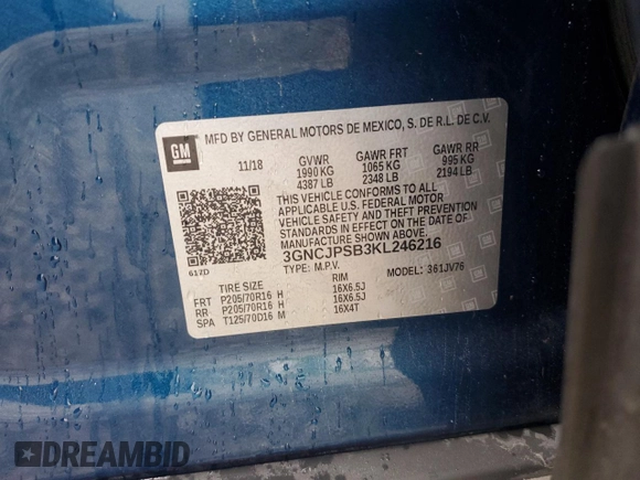 2019 Chevrolet Trax LT with VIN 3GNCJPSB3KL246216, listed as a Copart auction lot 55300665 with Not Provided miles and Clean Title. Bid and sale history available at carsss.com. Image 12.