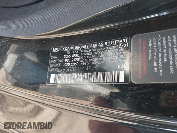 2002 Mercedes-Benz CLK 320/430 with VIN WDBLK65G32T114879, listed as a IAAI auction lot 40858067 with 256,013 mi miles and . Bid and sale history available at DreamBid. Image 9.