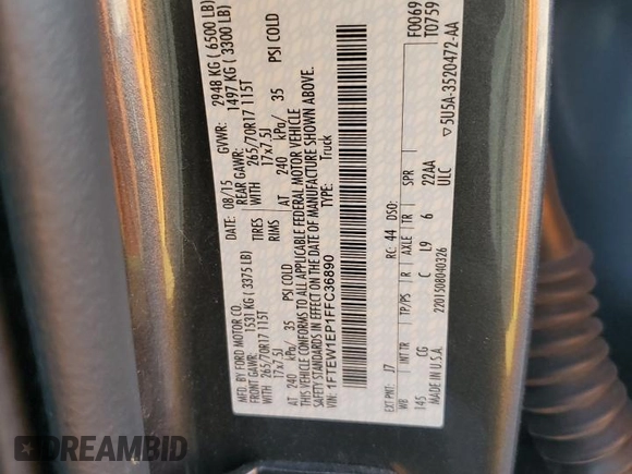2015 Ford F-150 XLT with VIN 1FTEW1EP1FFC36890, listed as a Copart auction lot 53991525 with 193,847 mi miles and Salvage Title. Bid and sale history available at carsss.com. Image 12.
