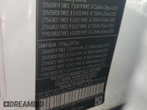 2019 Land Rover Range Rover Sport SE with VIN SALWG2RK2KA867072, listed as a Copart auction lot 76690154 with 59,287 mi miles and Non Repairable. Bid and sale history available at DreamBid. Image 14.
