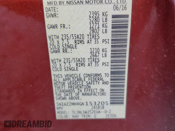 2016 Nissan Murano Platinum with VIN 5N1AZ2MH4GN153205, listed as a Copart auction lot 69627624 with Not provided miles and Salvage title. Bid and sale history available at DreamBid. Image 13.