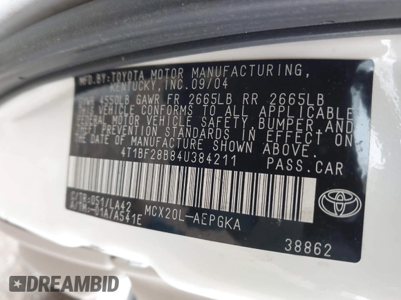 2004 Toyota Avalon XL with VIN 4T1BF28B84U384211, listed as a IAAI auction lot 41925260 with 122,669 mi miles and . Bid and sale history available at DreamBid. Image 9.